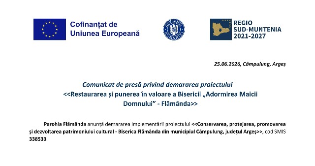  Comunicat de presă privind demararea proiectului  Restaurarea și punerea în valoare a Bisericii „Adormirea Maicii Domnului” - Flămânda