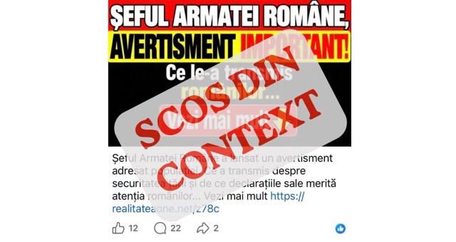 MApN: Postări alarmiste, care atribuie șefului Statului Major al Apărării declarații scoase din context, distribuite în mediul online