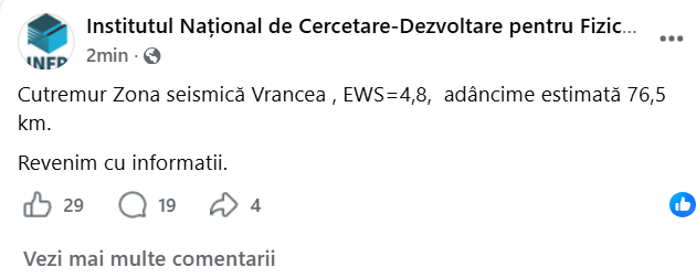 Cutremur în zona seismică Vrancea 