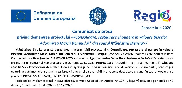 Comunicat de presă - Consolidare, restaurare și punere în valoare Biserica „Adormirea Maicii Domnului” din cadrul Mănăstirii Bistrița