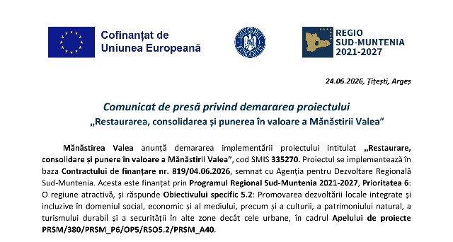 Comunicat de presă privind demararea proiectului „Restaurarea, consolidarea și punerea în valoare a Mănăstirii Valea”