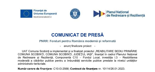 UAT Comuna Scobinți - COMUNICAT DE PRESĂ - PNRR: Fonduri pentru România modernă și reformată