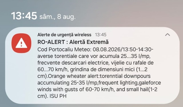 Cod portocaliu de averse și vijelii, sâmbătă, pentru mai multe localități din Prahova. A fost emis mesaj RO-ALERT
