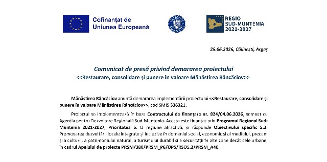  Comunicat de presă privind demararea proiectului  Restaurare, consolidare și punere în valoare Mănăstirea Râncăciov