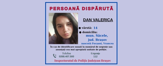 Polițiștii brașoveni caută o adolescentă în vârstă de 14 ani