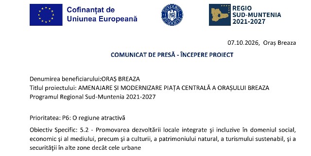 ORAȘ BREAZA - COMUNICAT DE PRESĂ - ÎNCEPERE PROIECT