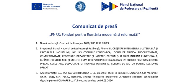 Comunicat de presă - „PNRR: Fonduri pentru România modernă și reformată!” - S.C. TAR-TAU ARHITECTURA S.R.L.
