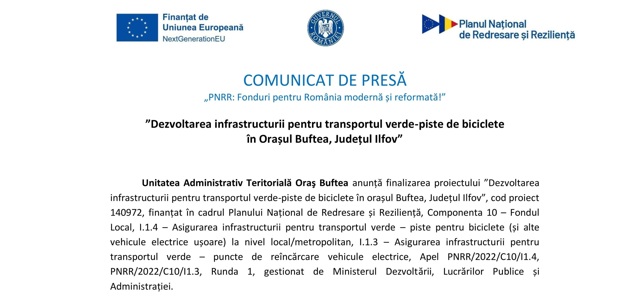 Dezvoltarea infrastructurii pentru transportul verde-piste de biciclete în Orașul Buftea, Județul Ilfov