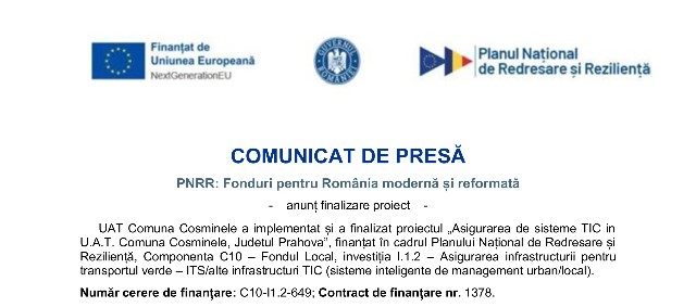 UAT Comuna Cosminele - COMUNICAT DE PRESĂ - PNRR: Fonduri pentru România modernă și reformată