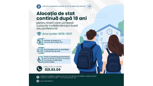 Tinerii care au împlinit 18 ani pot beneficia în continuare de alocația de stat pentru copii dacă urmează cursurile învățământului liceal sau profesional