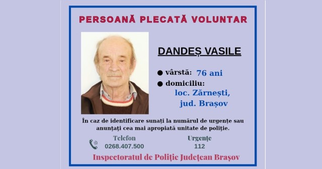 A fost semnalată dispariția unui bărbat din Zărnești. Acesta are 76 de ani și ultima oară a fost văzut în Sascut, județul Bacău