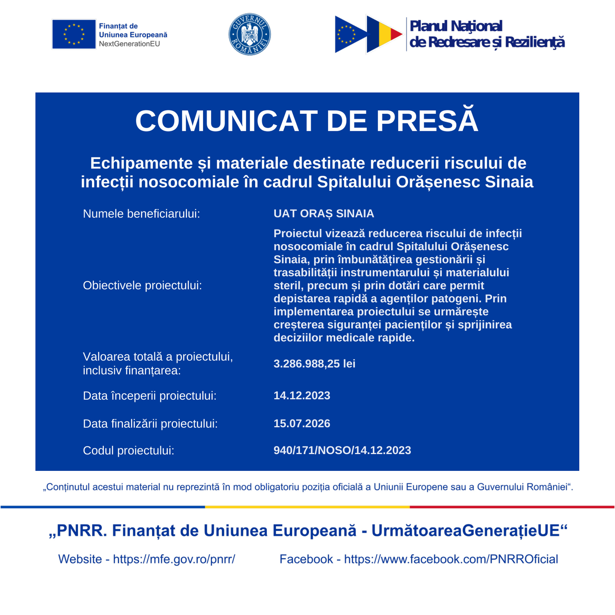 COMUNICAT DE PRESĂ FINALIZARE PROIECT - Echipamente și materiale destinate reducerii riscului de infecții nosocomiale în cadrul Spitalului Orășenesc Sinaia