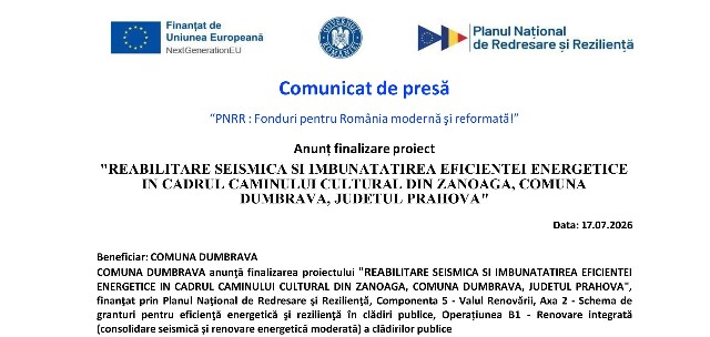 Comunicat de presă | “PNRR : Fonduri pentru România modernă şi reformată!” | Anunț finalizare proiect