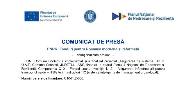 UAT Comuna Scobinți - COMUNICAT DE PRESĂ - PNRR: Fonduri pentru România modernă și reformată