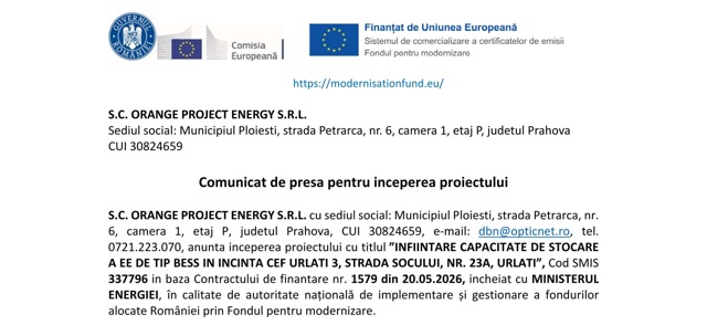 S.C. ORANGE PROJECT ENERGY S.R.L. - Comunicat de presa pentru inceperea proiectului 