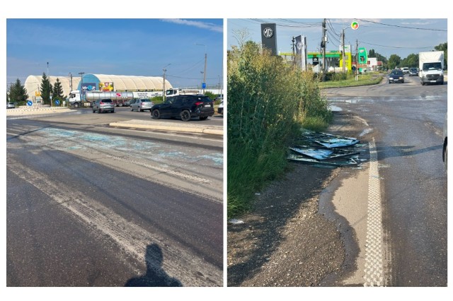 Carosabilul de pe DN1B e plin de cioburi, la intrarea în Ploiești