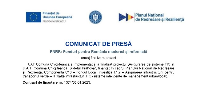 UAT Comuna Chiojdeanca - COMUNICAT DE PRESĂ - PNRR: Fonduri pentru România modernă și reformată