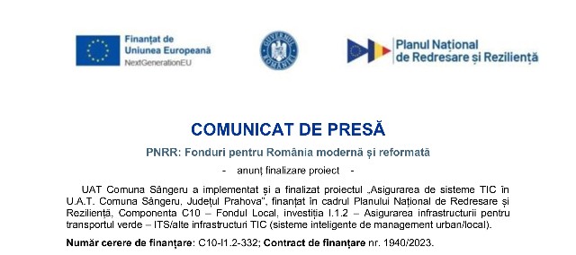 UAT Comuna Sângeru - COMUNICAT DE PRESĂ - PNRR: Fonduri pentru România modernă și reformată
