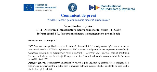 Comunicat de presă | “PNRR : Fonduri pentru România modernă şi reformată!” | UAT SCORȚENI