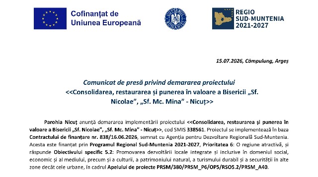 Comunicat de presă privind demararea proiectului Consolidarea, restaurarea și punerea în valoare a Bisericii „Sf. Nicolae”, „Sf. Mc. Mina” - Nicuț