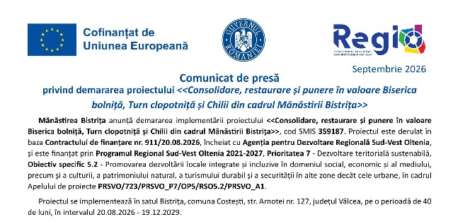 Comunicat de presă - Consolidare, restaurare și punere în valoare Biserica bolniță, Turn clopotniță și Chilii din cadrul Mănăstirii Bistrița