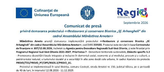Mănăstirea Arnota  - Comunicat de presă