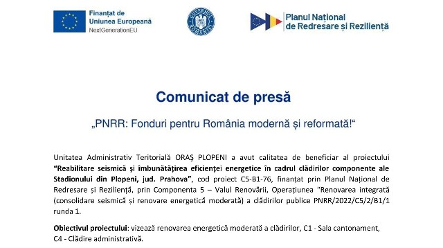 ORAŞ PLOPENI - COMUNICAT DE PRESĂ - PNRR: Fonduri pentru România modernă și reformată