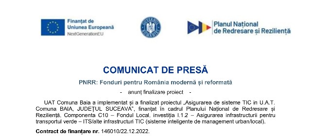UAT Comuna Baia - COMUNICAT DE PRESĂ - PNRR: Fonduri pentru România modernă și reformată
