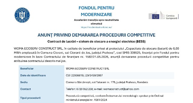 WOMA ECOSERV CONSTRUCT SRL - ANUNȚ PRIVIND DEMARAREA PROCEDURII COMPETITIVE