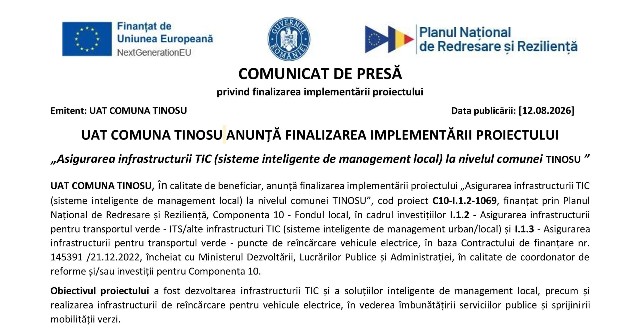 COMUNICAT DE PRESĂ privind finalizarea implementării proiectului