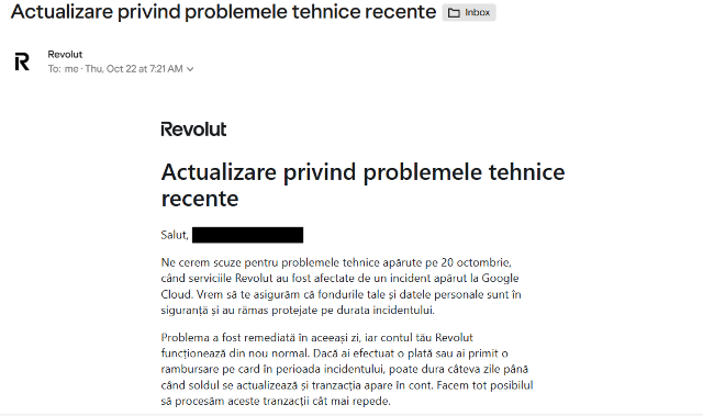 Mesajul Revolut către clienți: “Ne cerem scuze pentru problemele tehnice apărute pe 20 octombrie… Problema a fost remediată în aceeași zi, iar contul tău Revolut funcționează din nou normal”