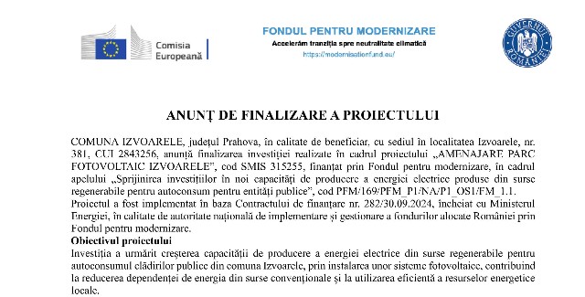 COMUNA IZVOARELE - ANUNȚ DE FINALIZARE A PROIECTULUI
