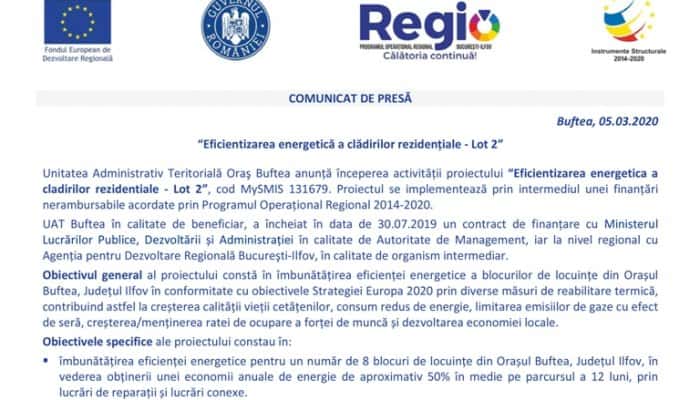COMUNICAT DE PRESĂ - “Eficientizarea energetică a clădirilor rezidențiale - Lot 2” 