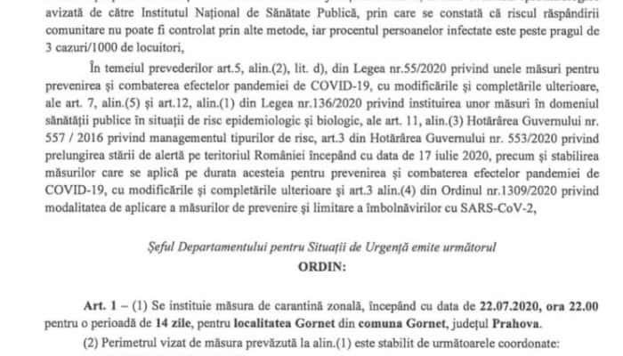 Răspunsul Departamentului pentru Situații de Urgență pentru autoritățile din Gornet, care atacă în instanță măsura plasării localității în carantină