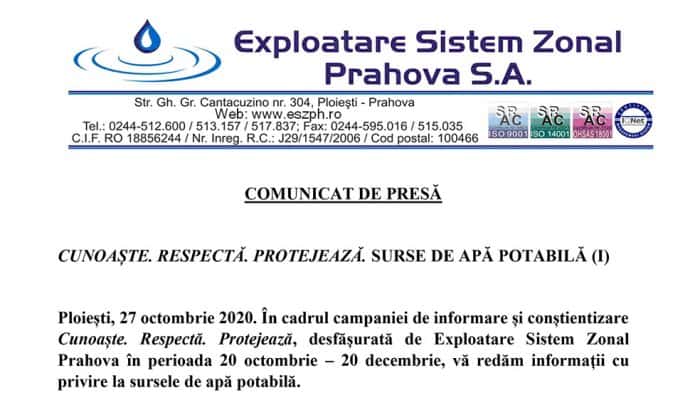 COMUNICAT DE PRESĂ | Exploatare Sistem Zonal Prahova: CUNOAȘTE. RESPECTĂ. PROTEJEAZĂ. SURSE DE APĂ POTABILĂ (I)