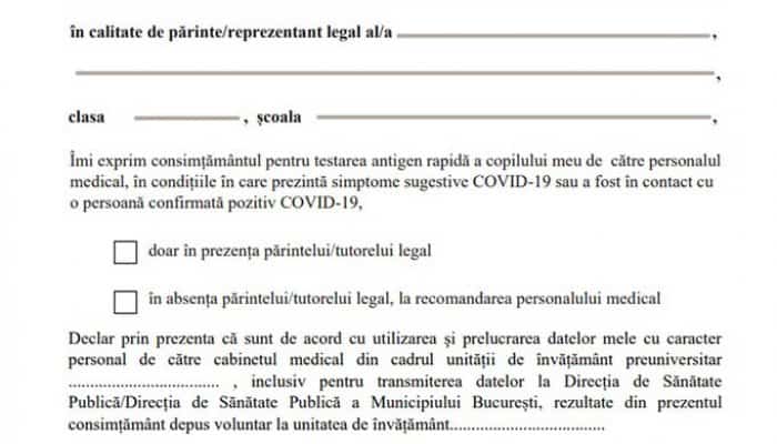 A fost publicat noul formular prin care părinții își pot exprima acordul în vederea testării copilului. În ce situații va fi folosit acesta