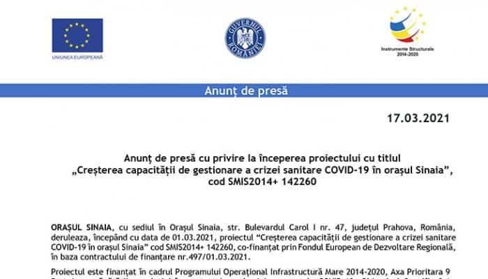 Anunţ de presă cu privire la începerea proiectului cu titlul „Creșterea capacității de gestionare a crizei sanitare COVID-19 în orașul Sinaia”, cod SMIS2014+ 142260
