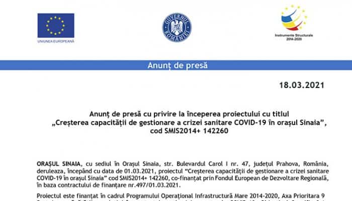    Anunţ de presă cu privire la începerea proiectului cu titlul „Creșterea capacității de gestionare a crizei sanitare COVID-19 în orașul Sinaia”, cod SMIS2014+ 142260