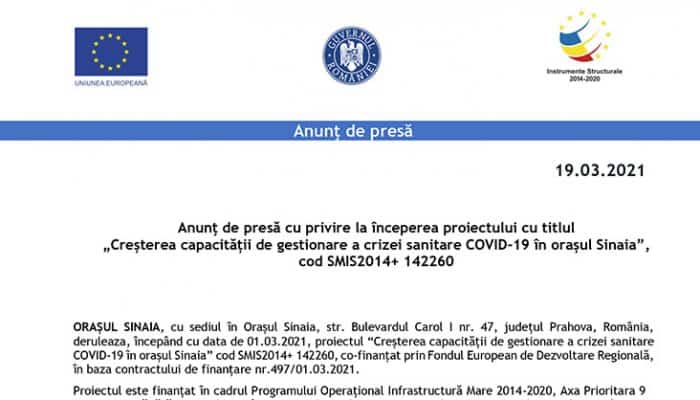 Anunţ de presă cu privire la începerea proiectului cu titlul „Creșterea capacității de gestionare a crizei sanitare COVID-19 în orașul Sinaia”, cod SMIS2014+ 142260