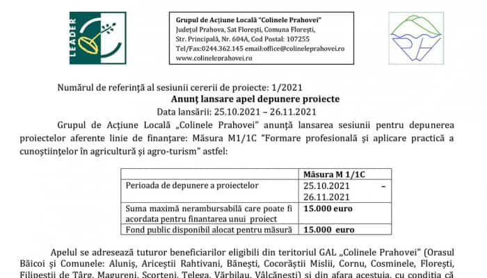 Anunţ lansare apel depunere proiecte GAL „Colinele Prahovei” - Măsura M1/1C