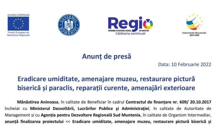 Anunț de presă: Eradicare umiditate, amenajare muzeu, restaurare pictură biserică și paraclis, reparații curente, amenajări exterioare