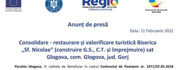 Anunț de presă: Consolidare - restaurare și valorificare turistică Biserica „Sf. Nicolaeˮ (construire G.S., C.T. și împrejmuire) sat Glogova, com. Glogova, jud. Gorj