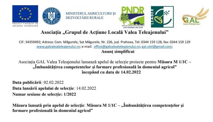 Anunț simplificat: Asociația GAL Valea Teleajenului lansează apelul de selecție proiecte pentru Măsura M 1/1C – „Îmbunătățirea competentelor și formare profesională în domeniul agricol”