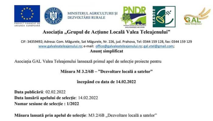 Anunț simplificat: Asociația GAL Valea Teleajenului lansează primul apel de selecție proiecte pentru Măsura M 3.2/6B – ”Dezvoltare locală a satelor”