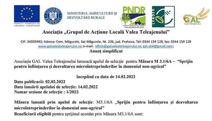 Anunț simplificat: GAL Valea Teleajenului - Măsura M 3.1/6A –  “Sprijin pentru înființarea și dezvoltarea microîntreprinderilor în domeniul non-agricol”