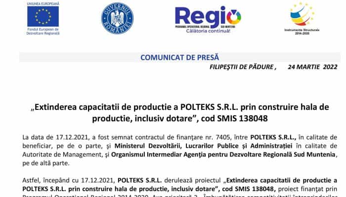 COMUNICAT DE PRESĂ: POLTEKS S.R.L.