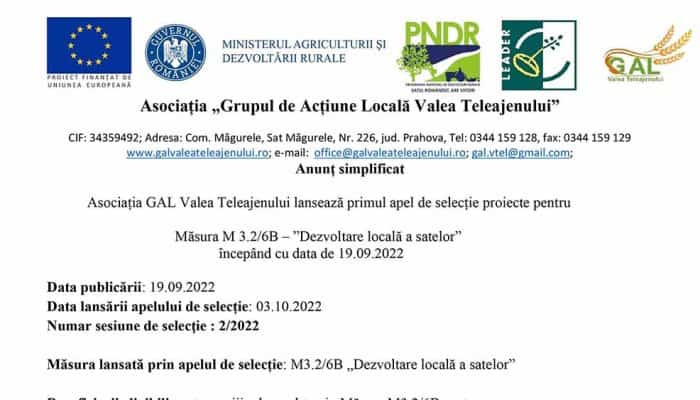 Asociația GAL Valea Teleajenului lansează primul apel de selecție proiecte pentru Măsura M 3.2/6B – ”Dezvoltare locală a satelor” începând cu data de 19.09.2022