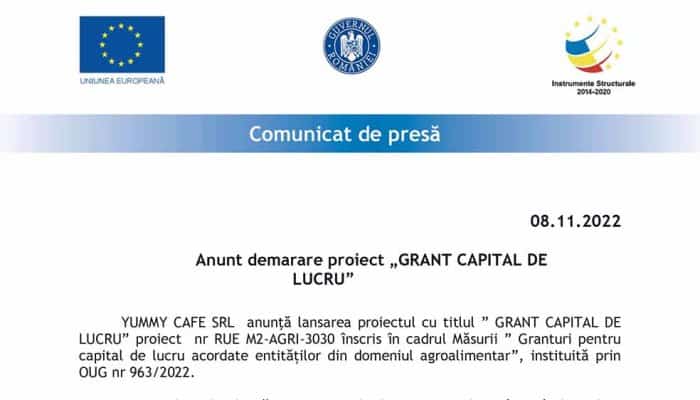COMUNICAT DE PRESĂ | Anunț demarare proiect GRANT CAPITAL DE LUCRU