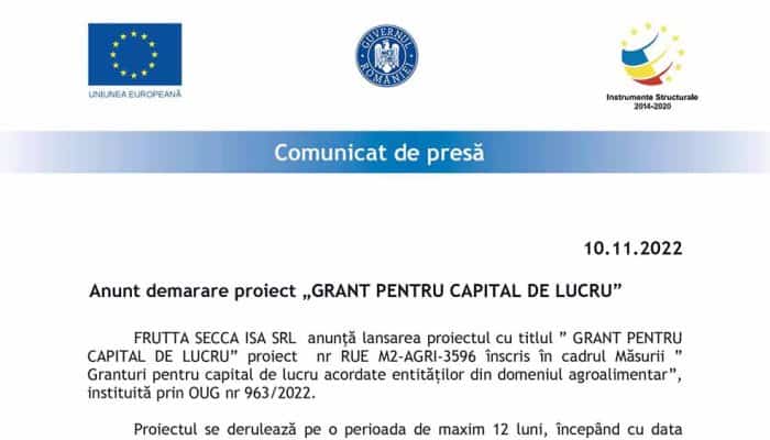 COMUNICAT DE PRESĂ | Anunț demarare proiect „GRANT PENTRU CAPITAL DE LUCRU”