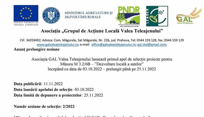 Asociația GAL Valea Teleajenului lansează primul apel de selecție proiecte pentru Măsura M 3.2/6B – ”Dezvoltare locală a satelor” începând cu data de 03.10.2022 – prelungit până pe 25.11.2022